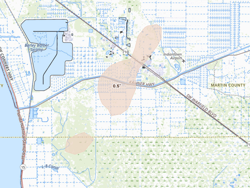 Radar-estimated hail-size map of the storm over Canal Point, FL on Jun 25, 2026