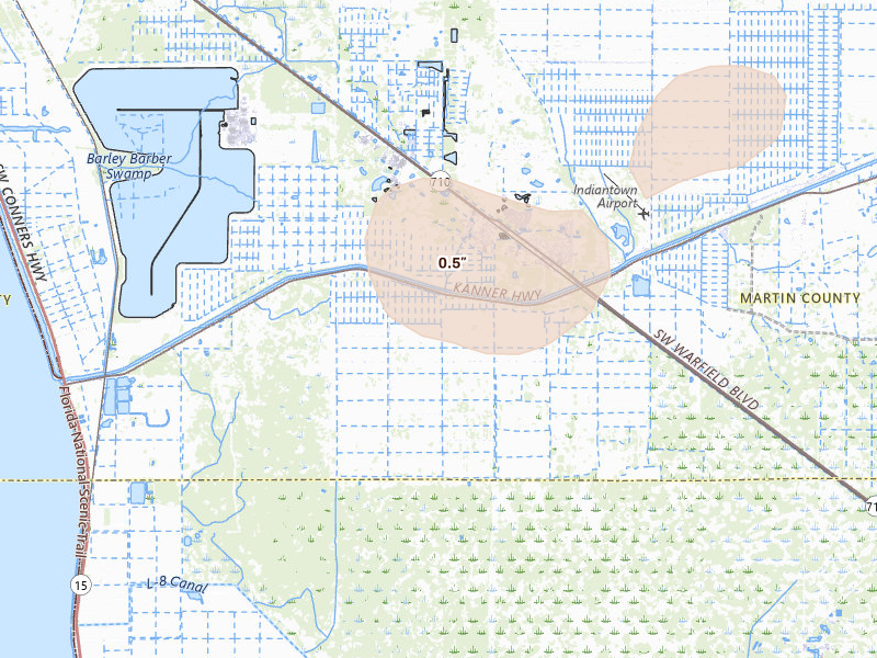 Radar-estimated hail-size map of the storm over Canal Point, FL on Jul 3, 2026
