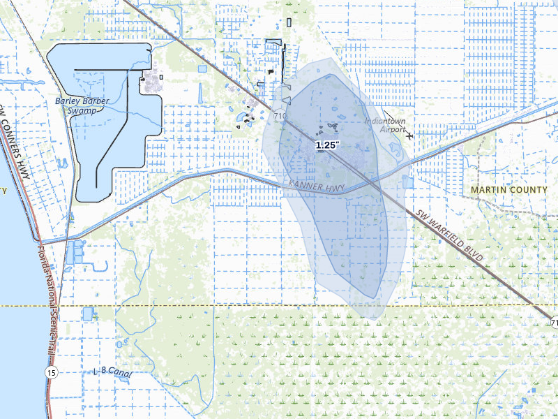 NEXRAD radar-signature map of the hail storm over Canal Point, FL on Jul 3, 2026