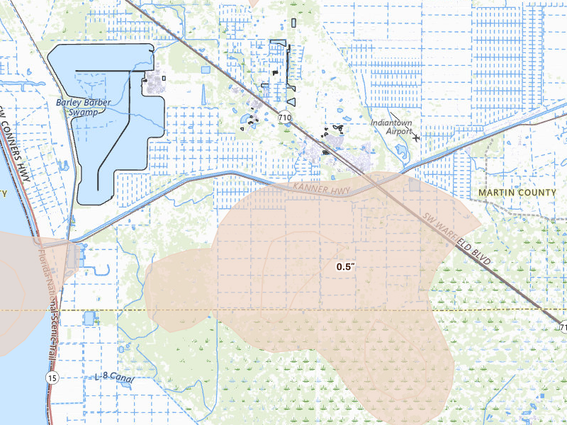 Radar-estimated hail-size map of the storm over Canal Point, FL on Jul 5, 2026