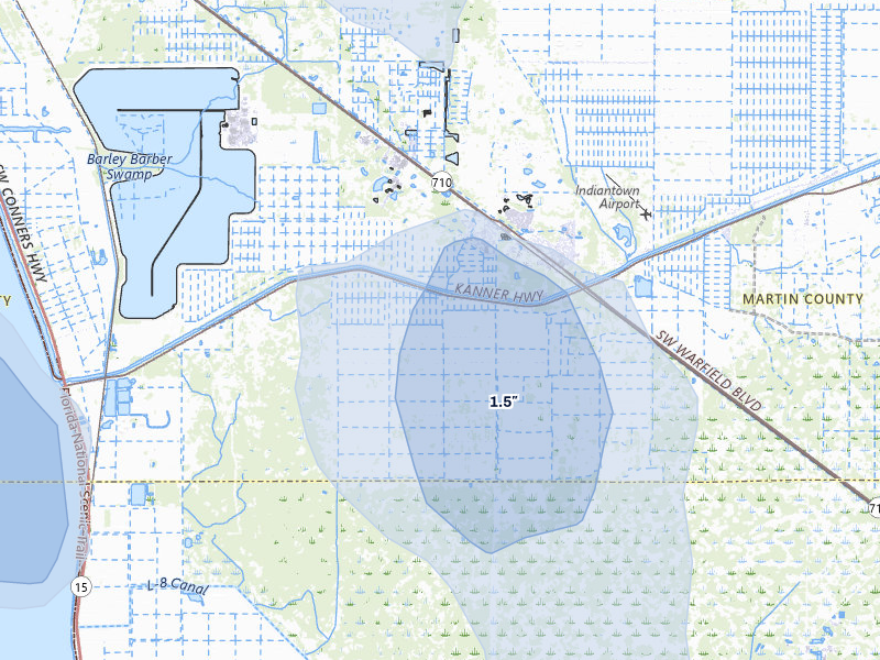 NEXRAD radar-signature map of the hail storm over Canal Point, FL on Jul 5, 2026