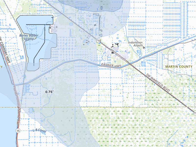 NEXRAD radar-signature map of the hail storm over Canal Point, FL on Jul 10, 2026