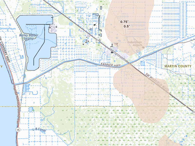 Radar-estimated hail-size map of the storm over Canal Point, FL on Jul 26, 2026