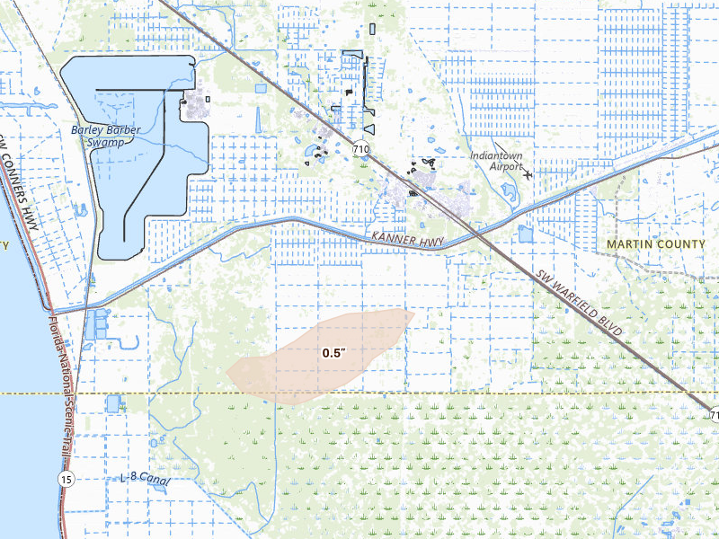 Radar-estimated hail-size map of the storm over Canal Point, FL on Aug 25, 2026