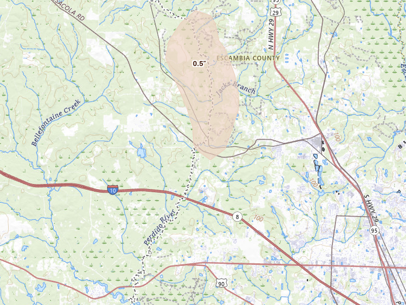 Radar-estimated hail-size map of the storm over Cantonment, FL on Jul 18, 2026