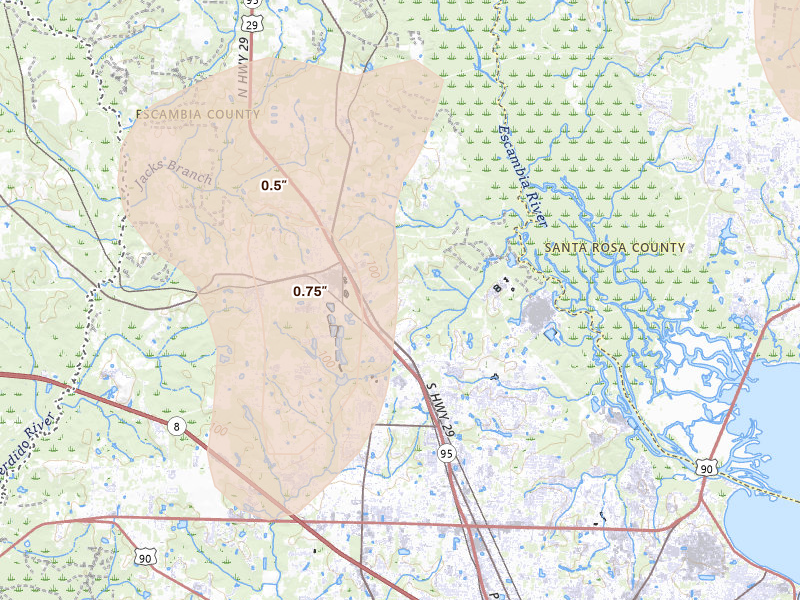Radar-estimated hail-size map of the storm over Cantonment, FL on Aug 17, 2026