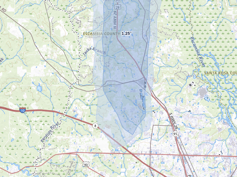 NEXRAD radar-signature map of the hail storm over Cantonment, FL on Aug 17, 2026