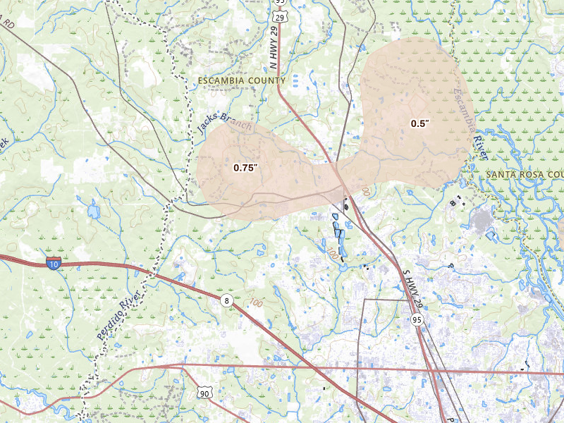 Radar-estimated hail-size map of the storm over Cantonment, FL on Aug 19, 2026
