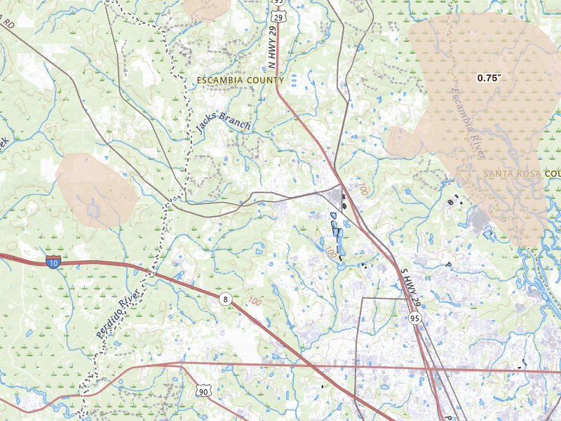 Radar-estimated hail-size map of the storm over Cantonment, FL on Aug 20, 2026