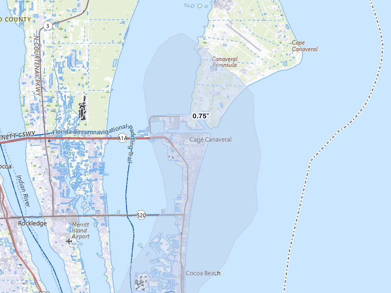 NEXRAD radar-signature map of the hail over Cape Canaveral, FL