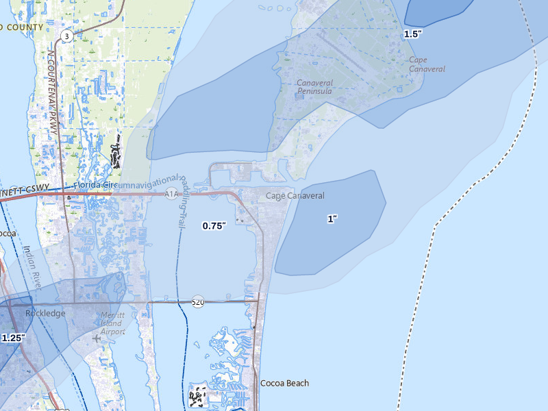 NEXRAD radar-signature map of the hail storm over Cape Canaveral, FL on Mar 16, 2026