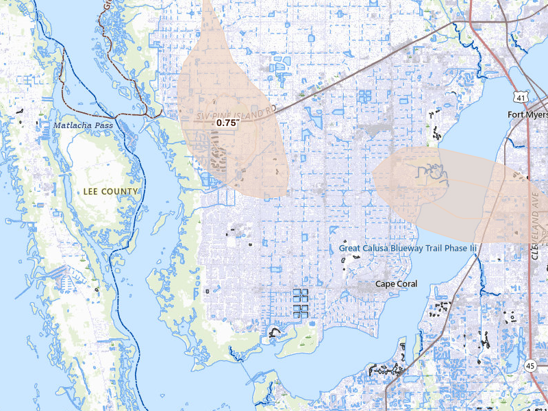 Radar-estimated hail-size map of the storm over Cape Coral, FL on Apr 2, 2026