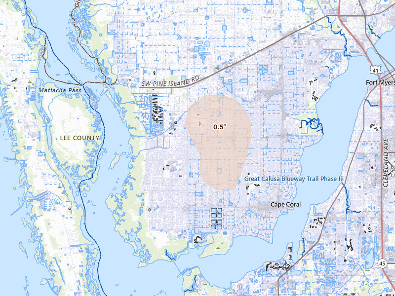 Radar-estimated hail-size map of the storm over Cape Coral, FL on May 17, 2026