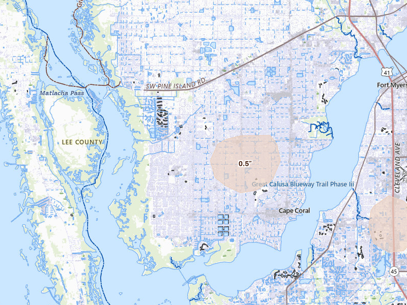 Radar-estimated hail-size map of the storm over Cape Coral, FL on Jul 7, 2026