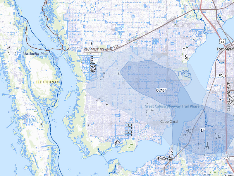 NEXRAD radar-signature map of the hail storm over Cape Coral, FL on Jul 7, 2026