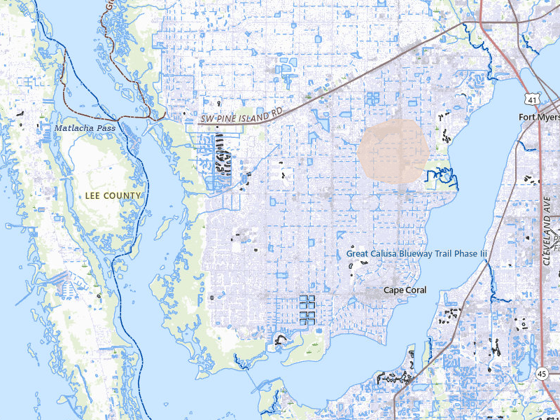 Radar-estimated hail-size map of the storm over Cape Coral, FL on Jul 9, 2026