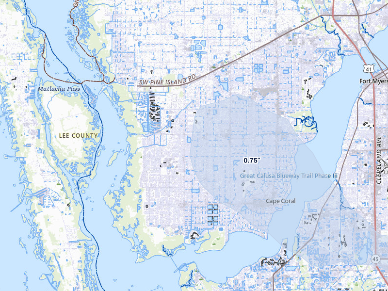 NEXRAD radar-signature map of the hail storm over Cape Coral, FL on Jul 9, 2026