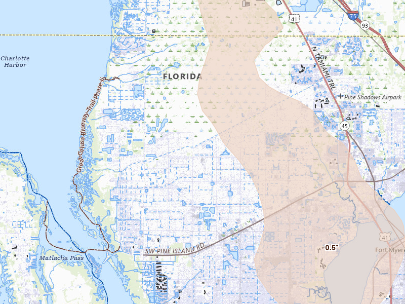 Radar-estimated hail-size map of the storm over Cape Coral, FL on Aug 9, 2026