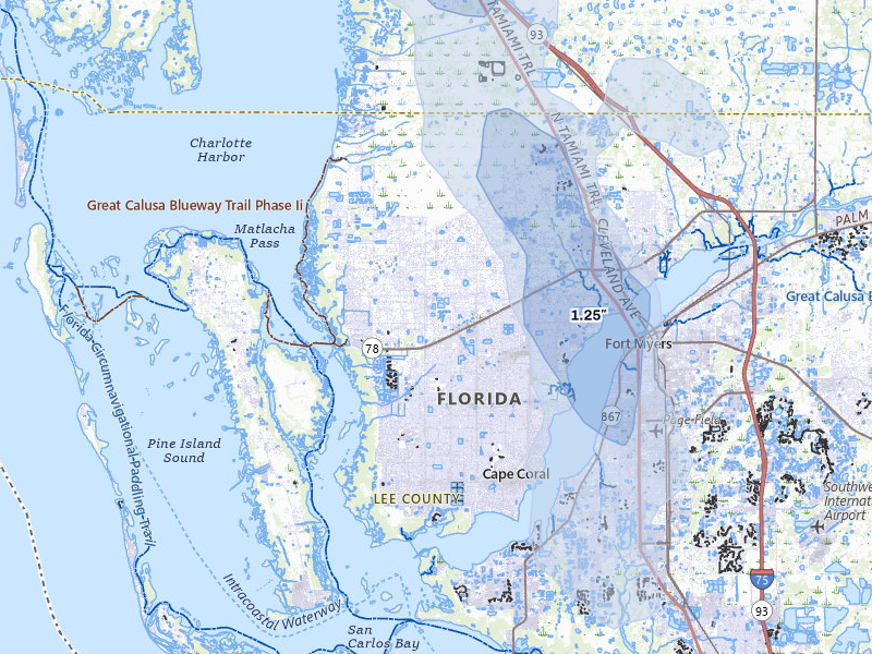 NEXRAD radar-signature map of the hail storm over Cape Coral, FL on Aug 9, 2026