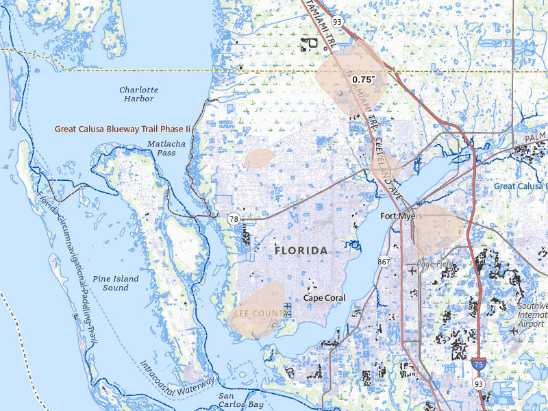 Radar-estimated hail-size map of the storm over Cape Coral, FL on Aug 14, 2026