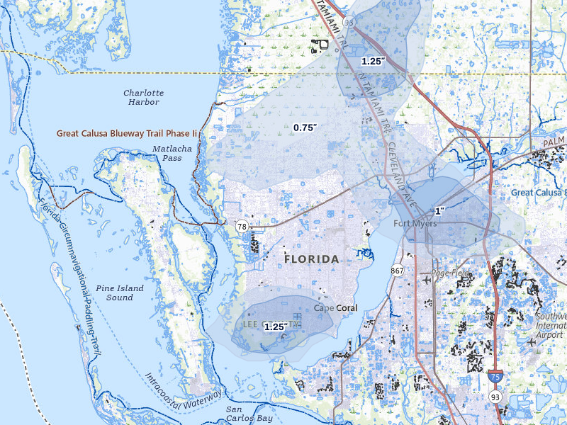 NEXRAD radar-signature map of the hail storm over Cape Coral, FL on Aug 14, 2026