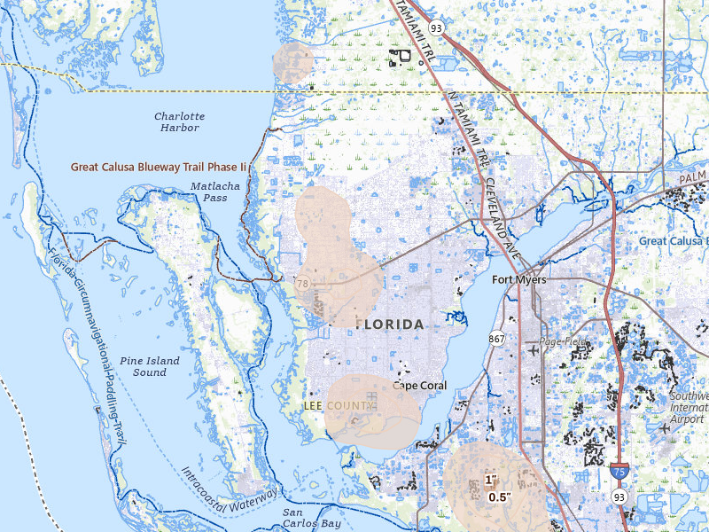 Radar-estimated hail-size map of the storm over Cape Coral, FL on Aug 29, 2026