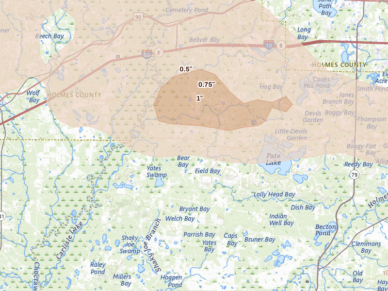 Radar-estimated hail-size map of the storm over Caryville, FL on May 7, 2026