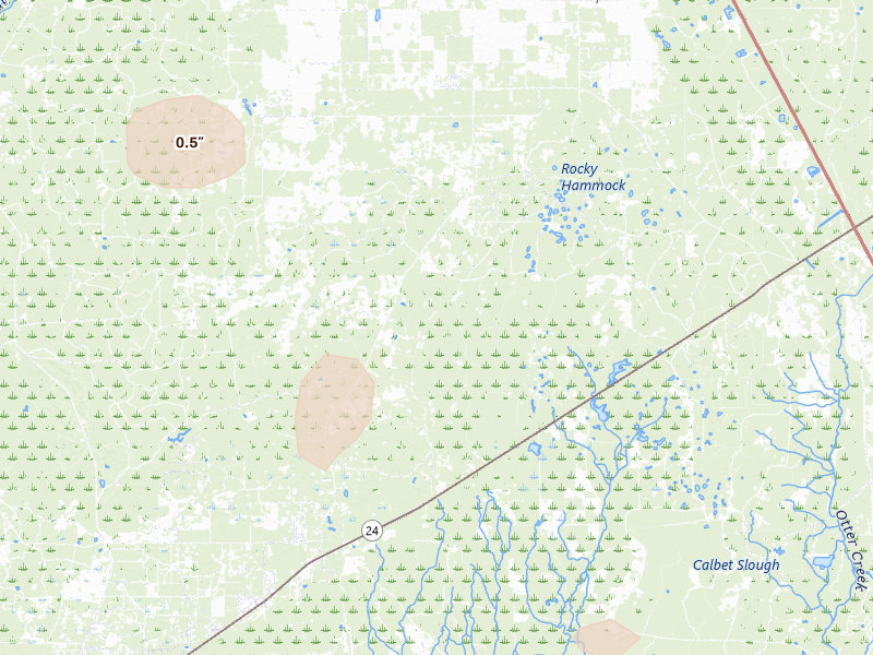 Radar-estimated hail-size map of the storm over Cedar Key, FL on May 19, 2026