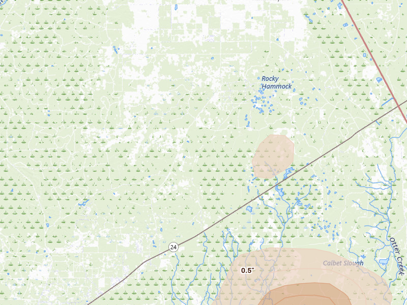 Radar-estimated hail-size map of the storm over Cedar Key, FL on Jul 17, 2026