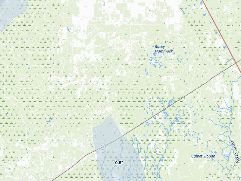 NEXRAD radar-signature map of the hail storm over Cedar Key, FL on Jul 29, 2026