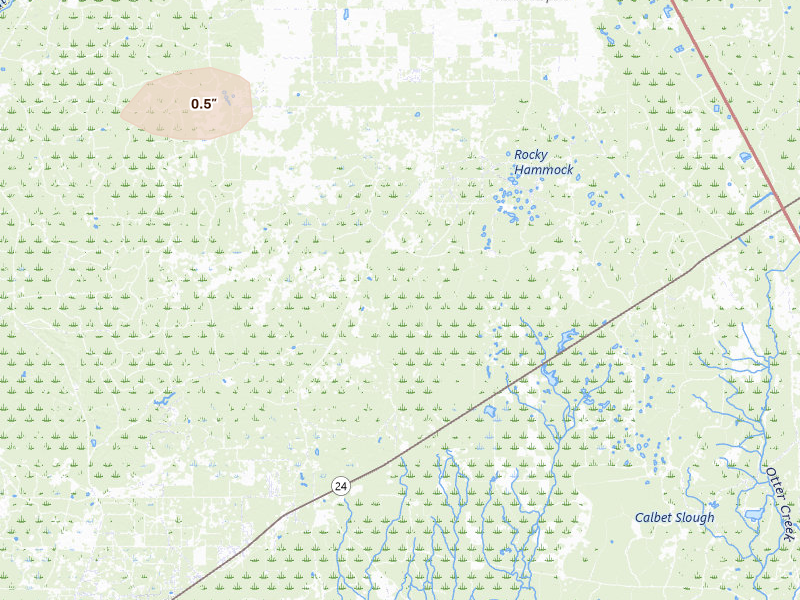 Radar-estimated hail-size map of the storm over Cedar Key, FL on Jul 30, 2026