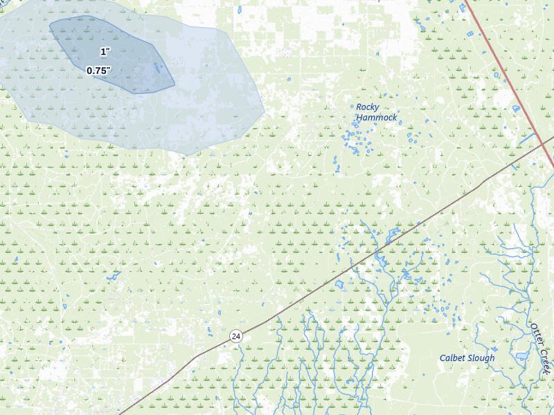 NEXRAD radar-signature map of the hail storm over Cedar Key, FL on Jul 30, 2026