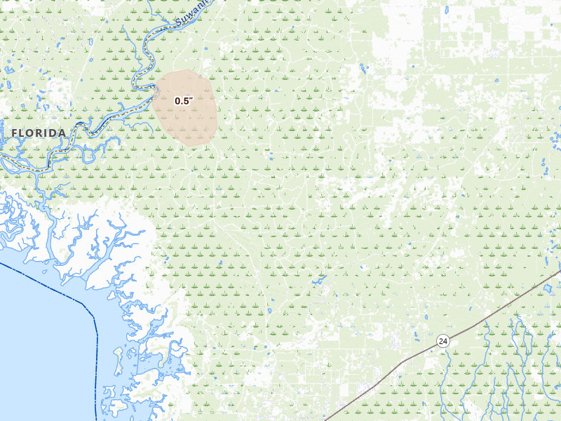 Radar-estimated hail-size map of the storm over Cedar Key, FL on Aug 18, 2026