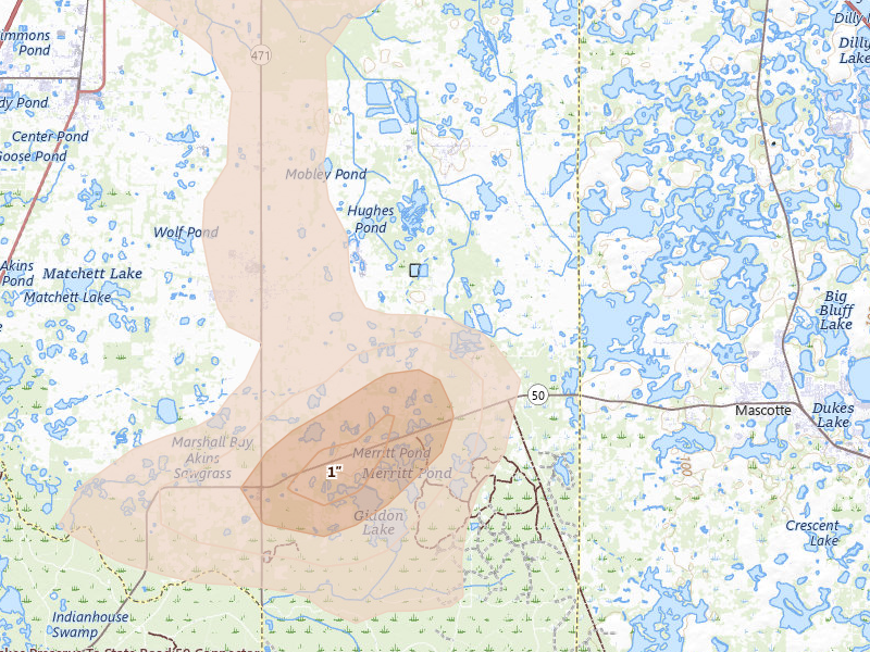 Radar-estimated hail-size map of the storm over Center Hill, FL on Jul 17, 2026