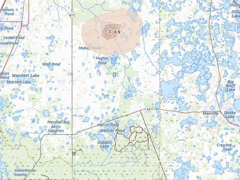 Radar-estimated hail-size map of the storm over Center Hill, FL on Aug 17, 2026