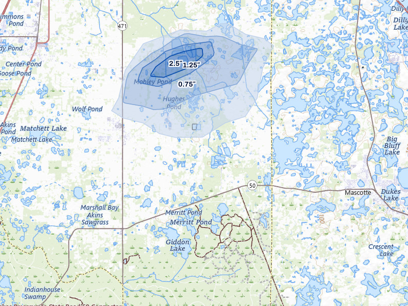 NEXRAD radar-signature map of the hail storm over Center Hill, FL on Aug 17, 2026
