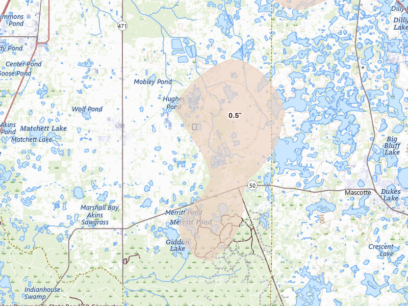 Radar-estimated hail-size map of the storm over Center Hill, FL on Aug 19, 2026