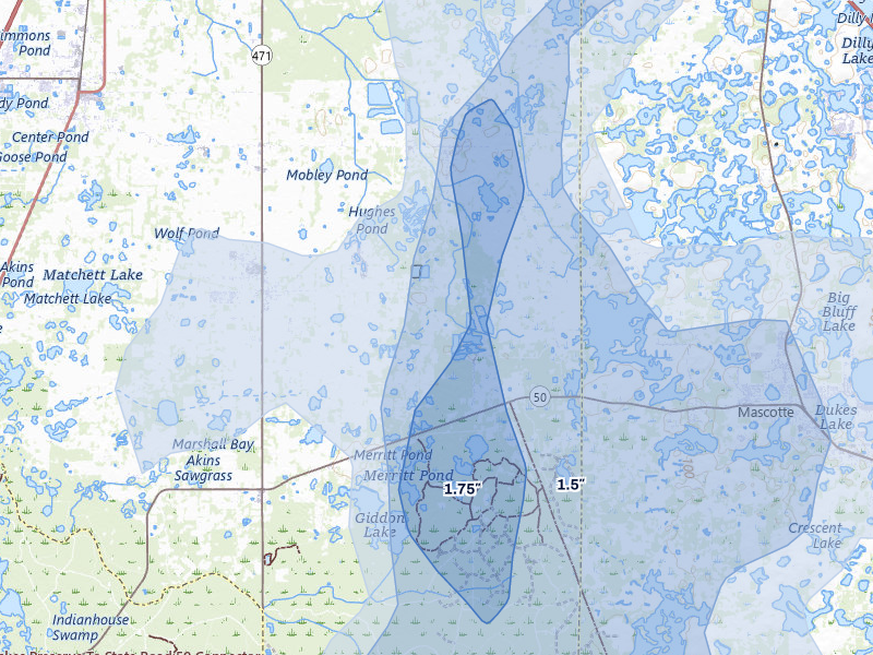 NEXRAD radar-signature map of the hail storm over Center Hill, FL on Aug 19, 2026