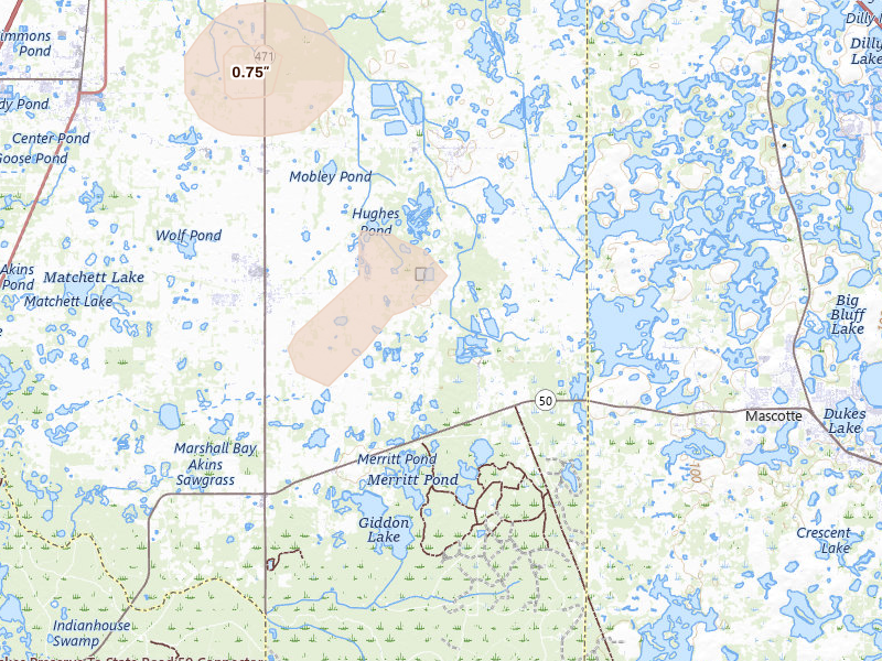 Radar-estimated hail-size map of the storm over Center Hill, FL on Aug 20, 2026