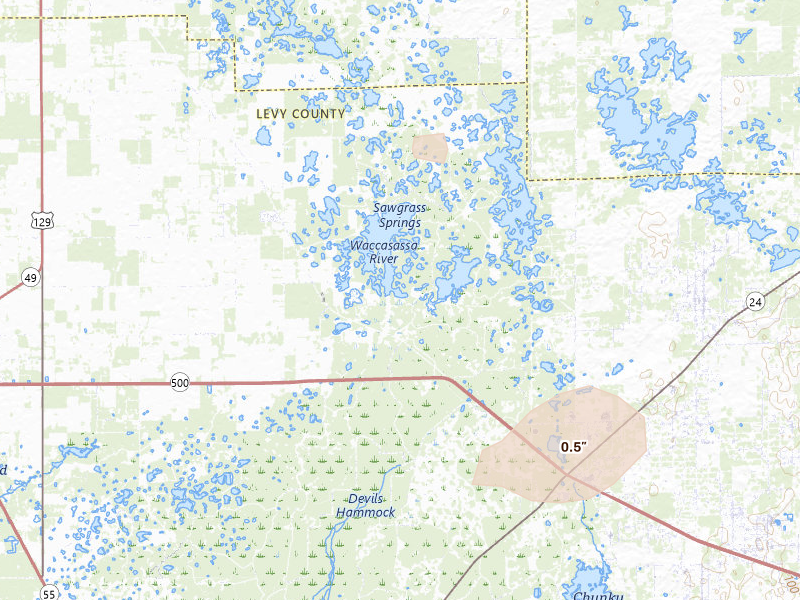 Radar-estimated hail-size map of the storm over Chiefland, FL on May 16, 2026