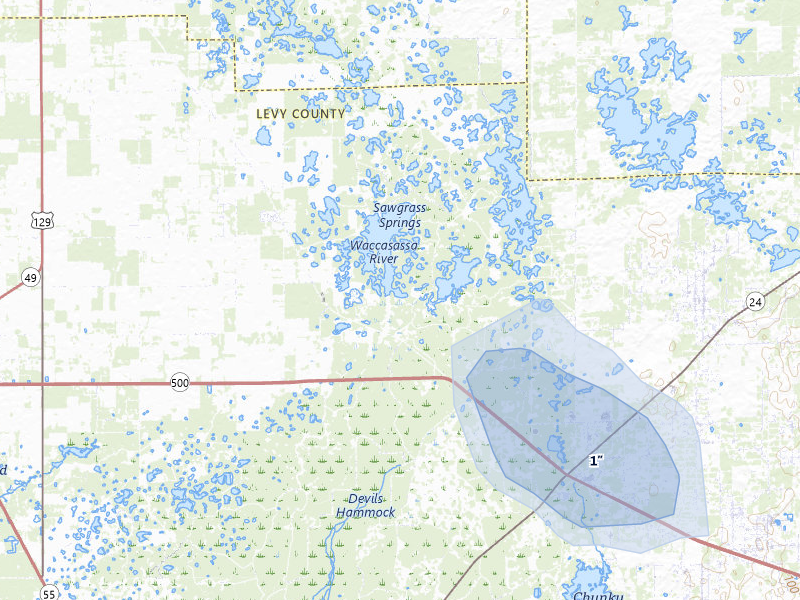 NEXRAD radar-signature map of the hail storm over Chiefland, FL on May 16, 2026