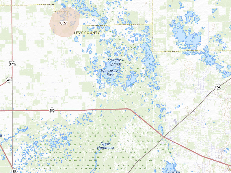 Radar-estimated hail-size map of the storm over Chiefland, FL on May 17, 2026