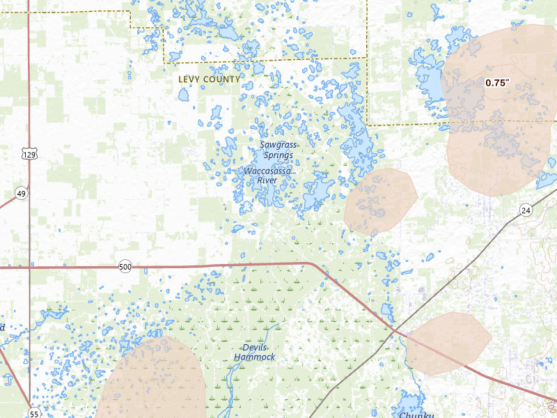 Radar-estimated hail-size map of the storm over Chiefland, FL on Jul 10, 2026