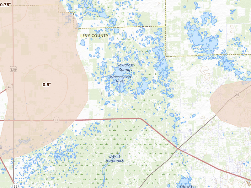 Radar-estimated hail-size map of the storm over Chiefland, FL on Jul 17, 2026