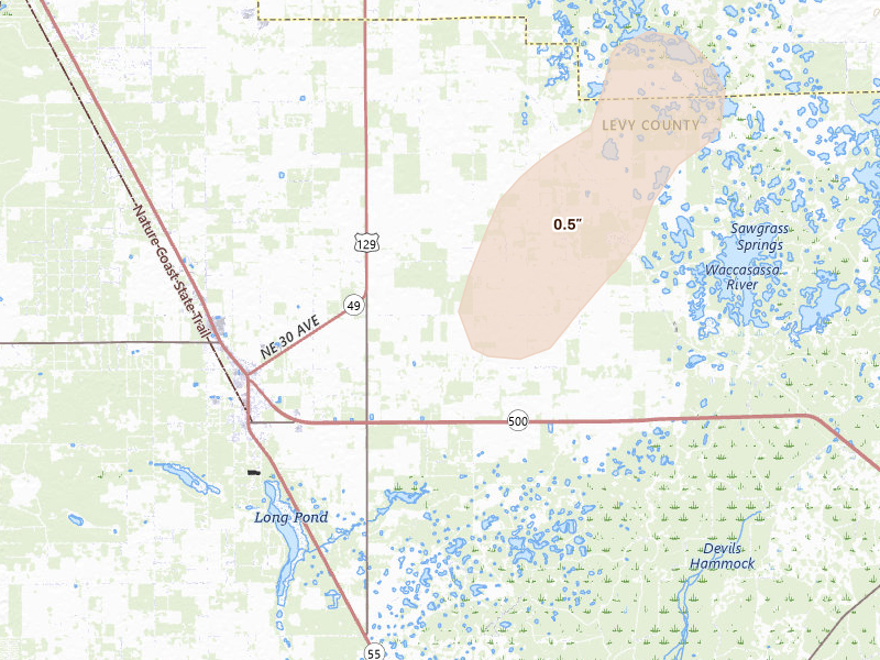 Radar-estimated hail-size map of the storm over Chiefland, FL on Aug 25, 2026