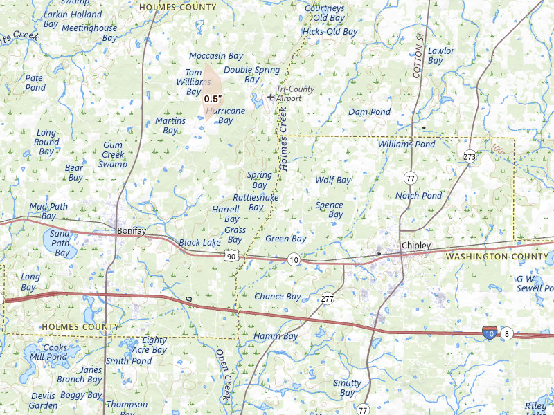 Radar-estimated hail-size map of the storm over Chipley, FL on Mar 6, 2026