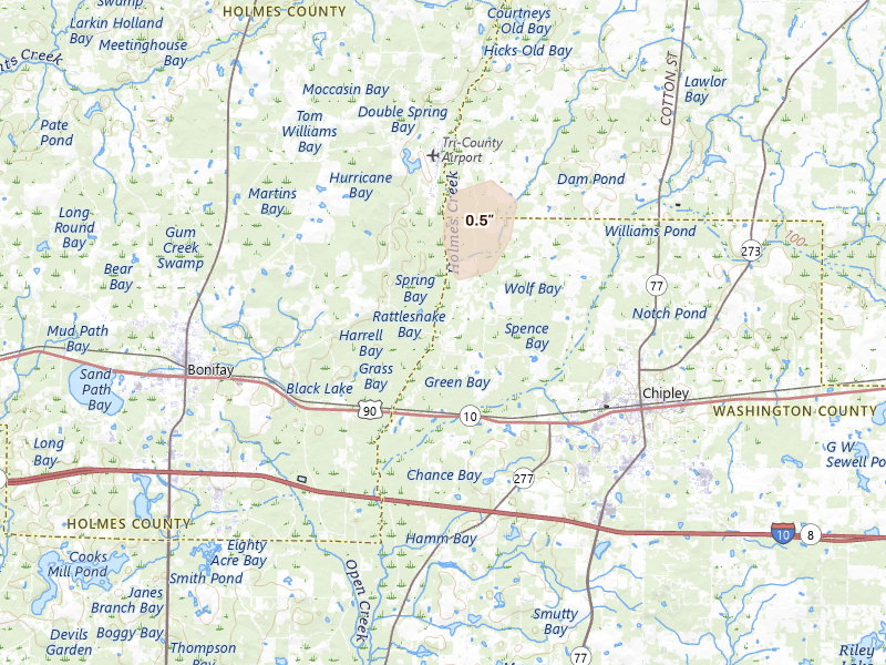 Radar-estimated hail-size map of the storm over Chipley, FL on Apr 3, 2026