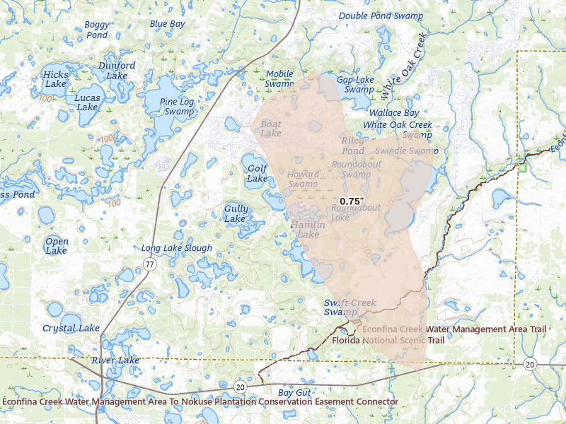 Radar-estimated hail-size map of the storm over Chipley, FL on Jul 27, 2026