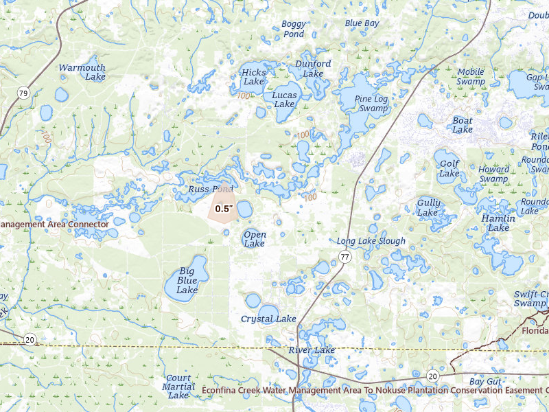 Radar-estimated hail-size map of the storm over Chipley, FL on Aug 13, 2026