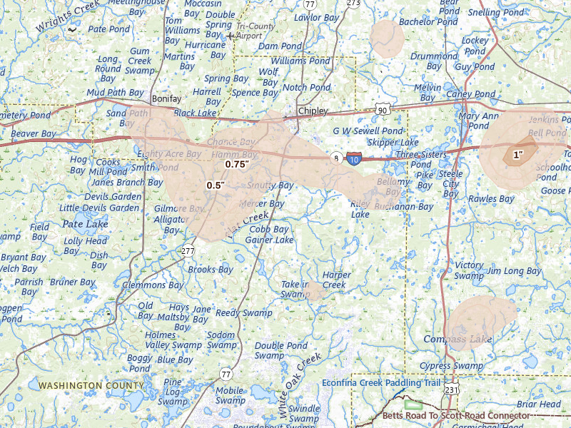 Radar-estimated hail-size map of the storm over Chipley, FL on Aug 19, 2026